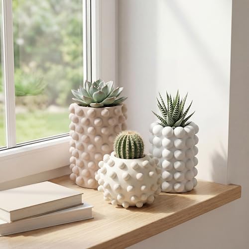 Eyely Delara Modern Minimalist Handmade Concrete Bubble Cylinder and Round Planter Set, Matte Soft Neutral (Set of 3) (NLP1002A-3SET) by eyely
