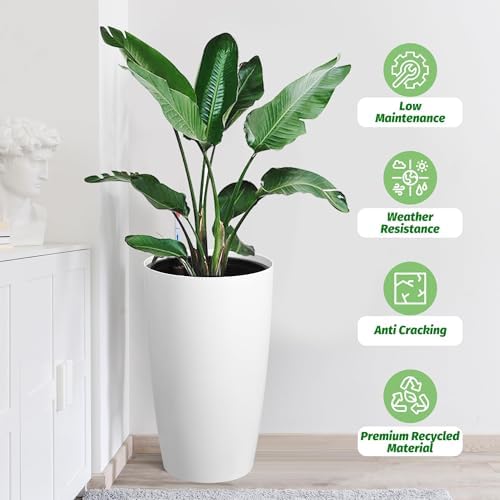 Self-Watering Tall Planters Set of 2 – 21.7" Straight Plastic Flower Pots with Drainage, Water Level Meter, Built-in Handle – Large Indoor Outdoor Garden Pots for Patio, Porch, Office – White - Image 6