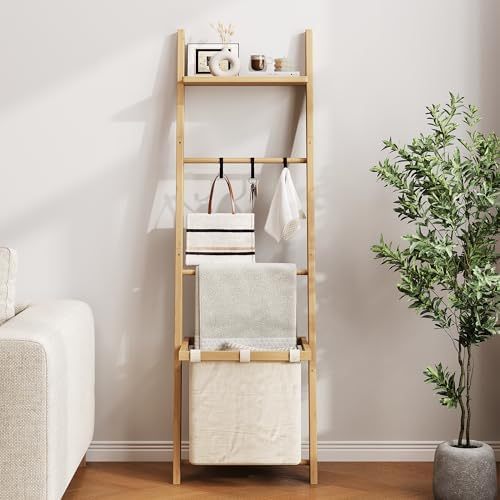 63" Bamboo Blanket Ladder with Shelf, Fabric Storage Basket and 5 Hooks - Image 4