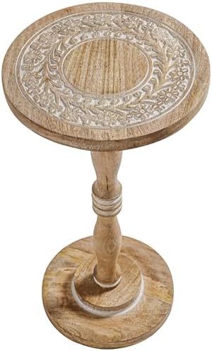 Hand-Carved Solid Wood End Table - 12x22 White Wash Finish Accent Side Table for Living Room, Bedroom Nightstand, Small Pillar Table for Plants or Décor by TheWoodenTown
