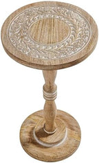 Hand-Carved Solid Wood End Table - 12x22 White Wash Finish Accent Side Table for Living Room, Bedroom Nightstand, Small Pillar Table for Plants or Décor by TheWoodenTown