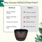 VECELO Plant Pots with Drainage Holes & Saucer, 11.3 Inch Flower Pots with Tray, 4 Pack Plastic Whiskey Barrel Planters for Indoor & Outdoor Garden Home Plants and Flowers - Image 6