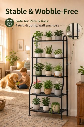 5-Tier Metal Plant Stand - Heavy Duty Indoor Outdoor Flower Shelf for Multiple Pots, 65" Tall Vertical Holder with Adjustable Leveling Feet & Wall-Fixing Kits, Black - Image 4