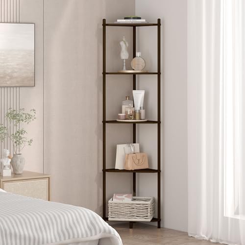 Wisuce Brown Tall Corner Shelf Stand, 5-Tier Bamboo Corner Bookshelf - Image 3