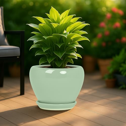 Deep Dream 10 Inch Plant Pot- Ceramic Planter Pot Round Plant Pots for Indoor Plants Outdoor Large Flower Pot with Drainage Holes & Trays, Mint Green - Image 2