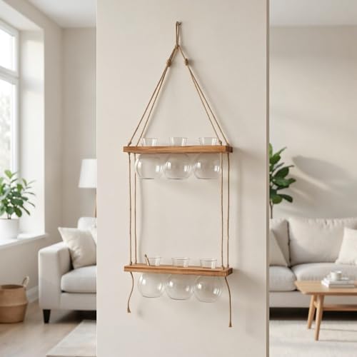 TOYANDONA Wall Hanging Plant Propagation Station, 2 Tier Wooden Vase Holder - Image 6