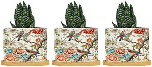 Chinoiserie Tree Peony Bird Floral Planter Ceramic Coral Turquoise Botanical Round Flower Pots with Drainage Holes and Bamboo Tray Pot for Pots Outdoor Indoor Plants by BRUYU5SE