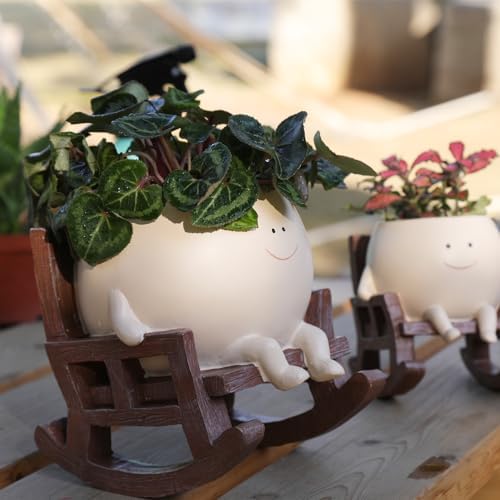 Smily Face Planter Pot Cute Resin Flower Head Planters for Indoor Outdoor Plants Unique Sitting Rocking Chairs Succulent Pots for String of Pearls Plant Live Gift Ideals with Drainage Hole - Image 6