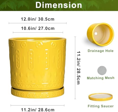 Eightpot Ceramic Flower Pots, 12 Inch Plant Pot with Drainage Holes and Saucers, Round Pots for Plants for Indoor Outdoor, Boho Decorative Planter, Garden House Decor, Gifts for Women, Yellow - Image 2