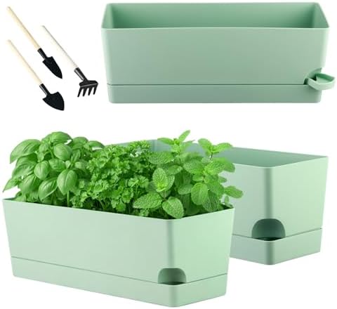 Party Zealot Window Boxes Planters, 3 Pack Self Watering Pots for Indoor Plants 17 Inch Rectangular Planter Rectangle Flower Pots Long Plant Pot Large Window Sill Herb Planter Box, Green by PartyZealot