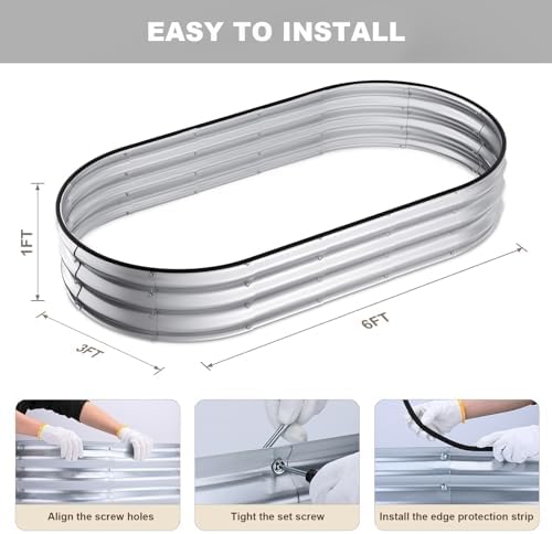 Raised Garden Bed, 6x3x1ft Galvanized Outdoor Planter Beds with Safety Edging and Gloves, Oval Metal Planter Box for Gardening Vegetables Flowers Herb-Silver - Image 5