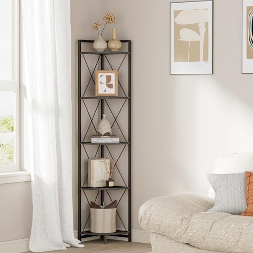 5 Tier Corner Shelf Stand, 64" H Tall Corner Bookshelf, Black by Cerlyunzan