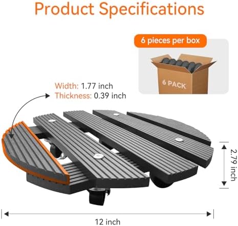 6-Pack 12" Round Plant Stand with 360° Lockable Caster Wheels, 220 lbs Capacity, Heavy-Duty Weather Resistant WPC Plant Caddy for Large Planters, Indoor Outdoor - Image 3