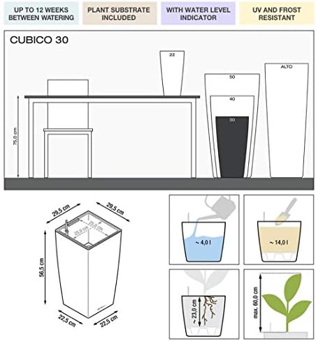 Lechuza CUBICO 30 Shiny Taupe High Gloss, Self-Watering Tall Planter, H22 L11.8 W11.8 in - Image 2
