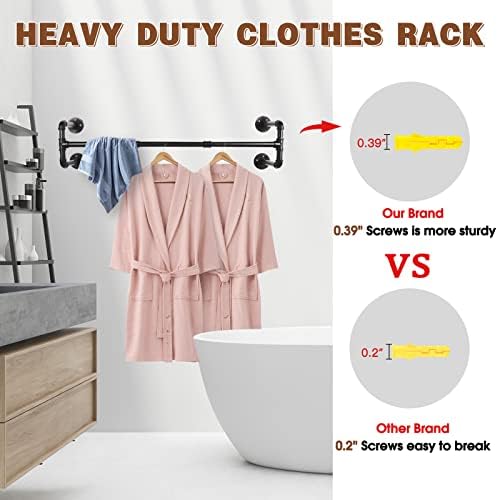 Wall Mounted Clothes Rack - 54" Industrial Pipe Clothing Garment Rack, Space-Saving Heavy Duty Detachable Black Iron Clothes Hanger Pole, Multi-Purpose Hanging Rod for Closet Storage, 4 Base - Image 4