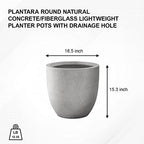Round Concrete/Fiberglass Indoor & Outdoor Lightweight Decorative Plant Pots with Drainage Hole, Single Planter, 16.5" L, Natural Concrete - Image 6
