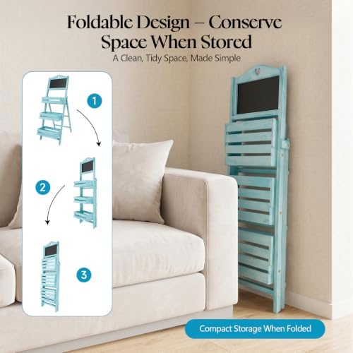 Folding Plant Stand, 3-Tier Ladder Flower Rack Solid Wood Foldable Plant Shelf Indoor Outdoor Flower Pot Display Rack with Chalkboard, Freestanding Tiered Plant Rack for Garden Patio Balcony (Blue) - Image 4