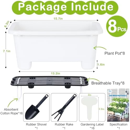 Oliz Self-Watering Rectangle Planter Boxes 8-Pack, 15.7-Inch Window Box Planter with Drainage Holes & Trays, Pots for Vegetables, Herbs, Flowers, Garden Windowsill Balcony (White) - Image 6