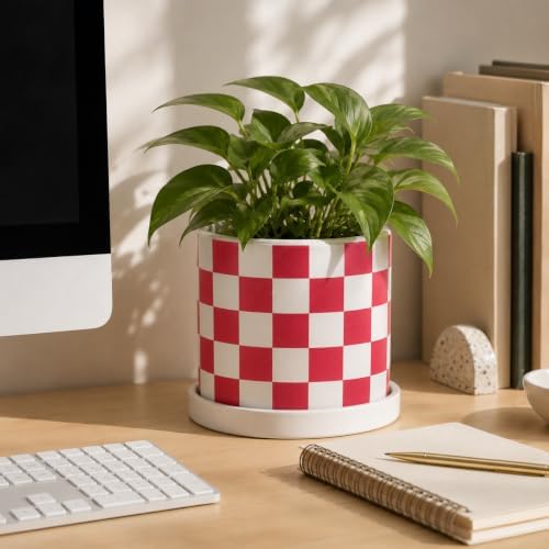 Checkered Ceramic Planter Pot with Drainage Hole and Saucer, Black and White Planters Decor,Indoor Cylinder Round Planter Pot (Red, Medium) - Image 7