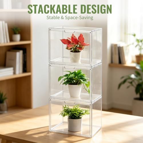 3 Pcs Mini Greenhouse for Indoor Clear Tabletop Stackable Greenhouse with Gloves Portable Acrylic Plant Green House with Magnetic Waterproof Door for Plants Grow Warmer, Seed Starting - Image 4