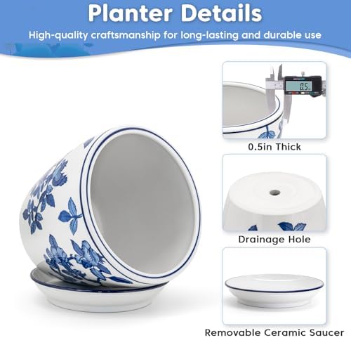 HakkaGirl 8 inch Ceramic Flower Pots, Chinoiserie Decor Ceramic Planter Plant Pots for Indoor Plants with Drainage and Saucer, Blue and White - Image 3