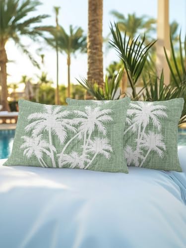 Tropical Palm Tree 12x20 Waterproof Outdoor Lumbar Pillows Set of 2 with Inserts, Vintage Sage Green Exotic Botanical Plants Patio Decorative Cushion Pillows for Outdoor Sofa Bench Porch Balcony - Image 5