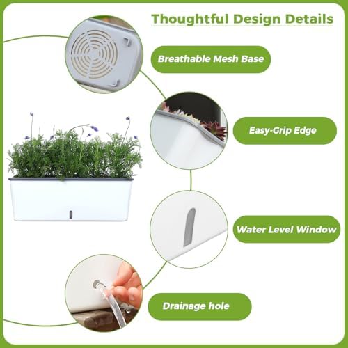 4 Pack Rectangular Planter 17 x 4.5 in Self Watering Planter Window Sill Planters Indoor Rectangle Planter Self Watering Pots Plastic Plant pots with Drainage Holes White Flower Pot Indoor - Image 5