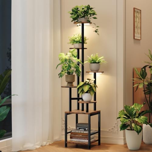 Homsorout Plant Stand Indoor with Grow Light,6-Tiered Tall Plant Stand Indoor, Metal Plant Shelf with Adjustable Light, Ideal for Living Room, Garden, Patio (Black Brown) by Homsorout