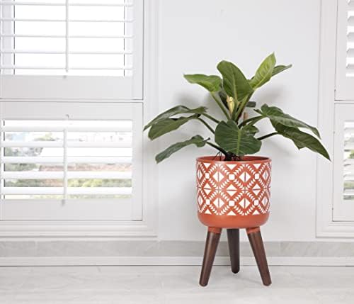 D'vine Dev Planter Pot with Wood Stand, 8 in, Terracotta/White, 88-G-A-5 - Image 6