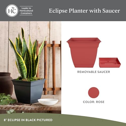 The HC Companies Eclipse Square Plastic Planter w/Attached Saucer - Outdoor & Indoor Plant Pot with Drainage Holes - Lightweight, UV-Resistant Plastic Pots for Plants (12" Rose, Pack of 1) - Image 2