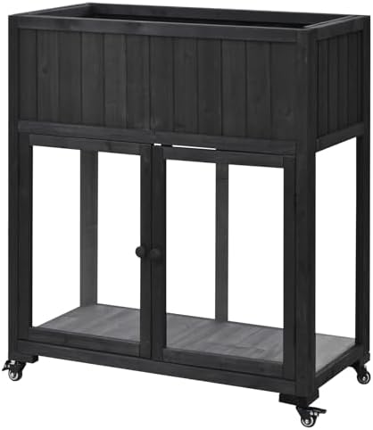 Patio Mini Wood Cold Frame, Compact 2 Doors Garden Greenhouse with Wheels, Raised Bed with Liner for Indoor Outdoor Use, Black 35.4''x17.7''x37.4'' - Image 7