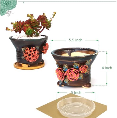 5.5 Inch Succulent Pot Handmade Flower Design Round Ceramic Antique Plant Pot Cactus Pot Planter with Drainge and Saucer Set of 2 (Two Hydrangea and Rose) - Image 6
