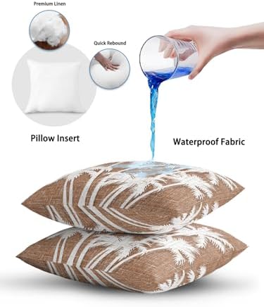 Throw Pillow 18x18 Inch, Tropical Palm Tree Waterproof Outdoor Pillow Covers for Patio with Insert, Vintage Brown Exotic Botanical Plants Decorative Pillowcase Cushion for Couch, Sofa, Bed, Garden - Image 6