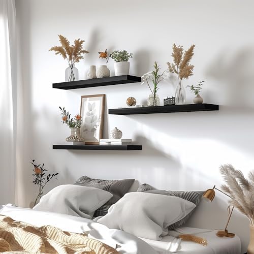 YYWUOJJ Wood Floating Shelves for Wall Decor, Rustic Wall Shelves for Bedroom Bathroom Kitchen Living Room, Set of 4 Black 24 Inch - Image 4