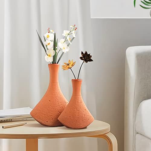 Terracotta Vase Set of 2, Tall Vases, Clay Vase for Flowers, Rustic Home Decor, Terracotta Decor, Living Room, Shelf, Table, Bookshelf, Bright Orange - Image 5