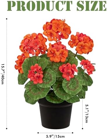 Briful Fall Geranium Artificial Flowers Realistic Potted Plant, Orange - Image 3