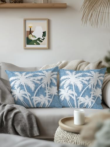 Outdoor Pillows Waterproof Set of 2, Tropical Palm Tree Patio Throw Pillows for Couch Bed Sofa with Insert, Vintage Sky Blue Exotic Botanical Plants Decorative Reading/Camping Pillow Set 18x18 Inch - Image 3