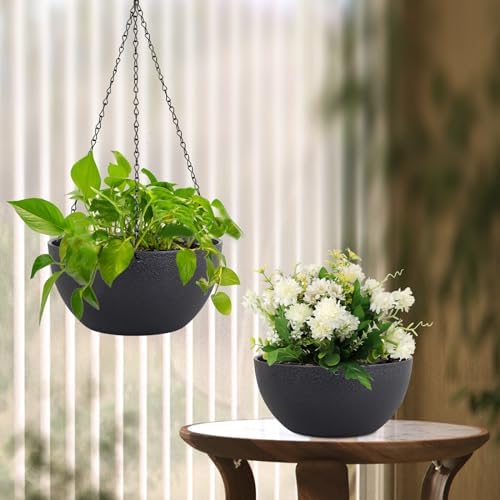 Meowell 12 inch Large Hanging Planters for Indoor Outdoor Plants, 2 Pack Hanging Flower Pots with Drainage Holes and Chain for Garden Porch, Plastic Hanging Baskets for House Plants, Black - Image 7