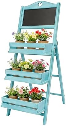 Folding Plant Stand, 3-Tier Ladder Flower Rack Solid Wood Foldable Plant Shelf Indoor Outdoor Flower Pot Display Rack with Chalkboard, Freestanding Tiered Plant Rack for Garden Patio Balcony (Blue) by LifeFirstChoice-Blisiour