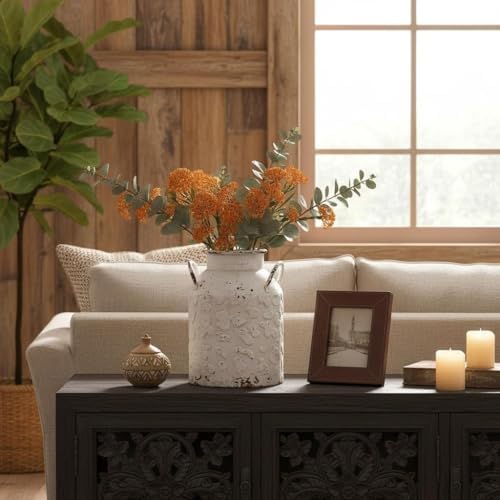 Vintage Distressed White Milk Can Planter, 11 Inch Rustic Iron Decorative Flower Pot, Classic Shabby Chic Plant Pot for Indoor Outdoor Table Mantel Entryway Home Decor (11" H x 8.3" W) (A2571) - Image 7