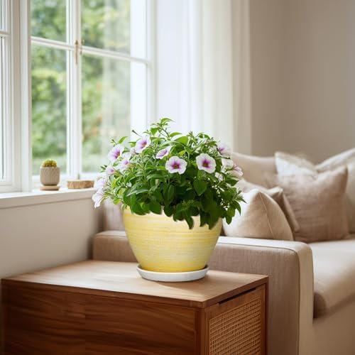 Ceramic Plant Pots, 8 Inch Planter with Drainage, Textured Yellow - Image 3