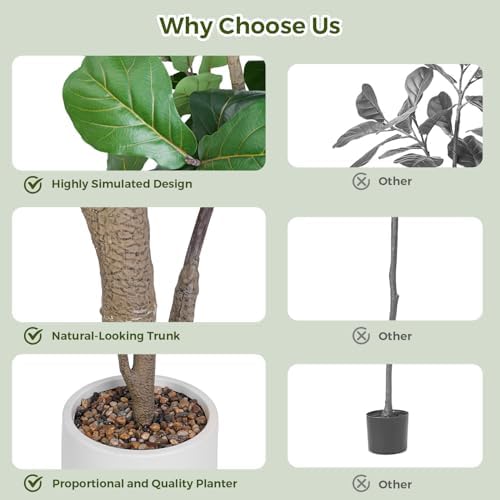 Jocoevol Artificial Fiddle Leaf Tree, 6ft Faux Plant Fake Ficus Lyrata Trees with White Planter - Perfect for House, Office, Living Room Indoor Home Decor, Ideal Housewarming Gift - Image 6