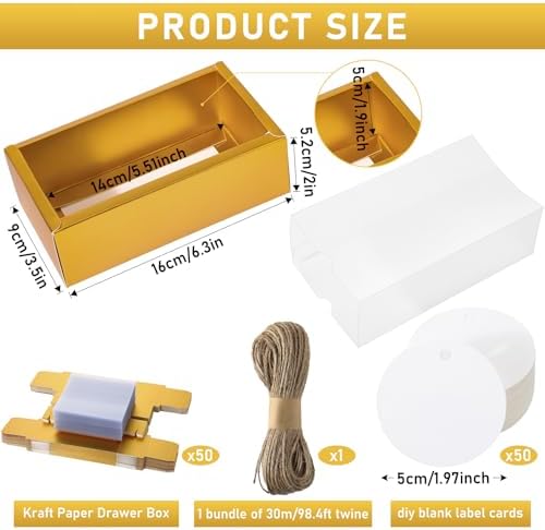 Roowest 50 Sets Gift Boxes Kraft with Tags, 6.3 x 3.5 x 2 Inch, Gold - Image 2