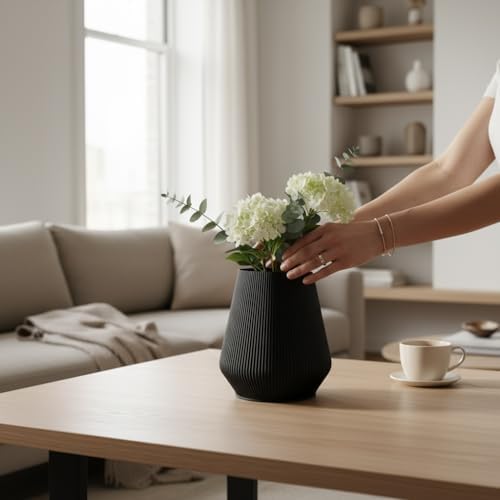 7" Modern Ribbed Planter - Plant-Based Sustainable Vase - Non-Toxic Indoor Pot for Live Plants with Soil or Dried Flowers, Minimalist Decor for Home & Office.(Noir) - Image 3