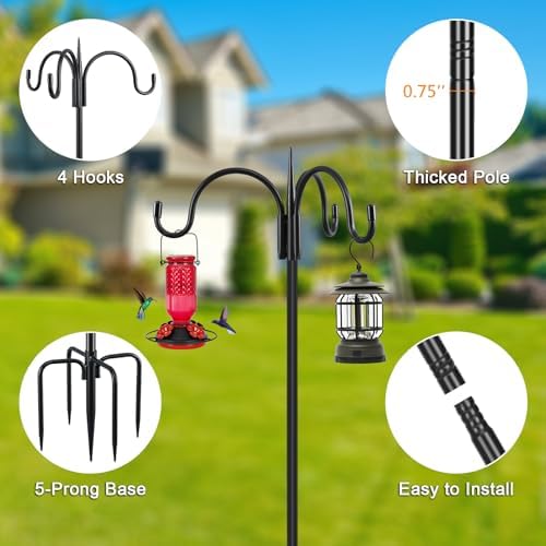 FEED GARDEN Heavy Duty Shepherds Hook 92" Triple Hooks - Metal 5-Prong Base, Adjustable (44/60/76/92") - 15lb Capacity Bird Feeder Pole for Hanging Plants, Solar Lanterns, Wind Chimes, 1 Pack - Image 2