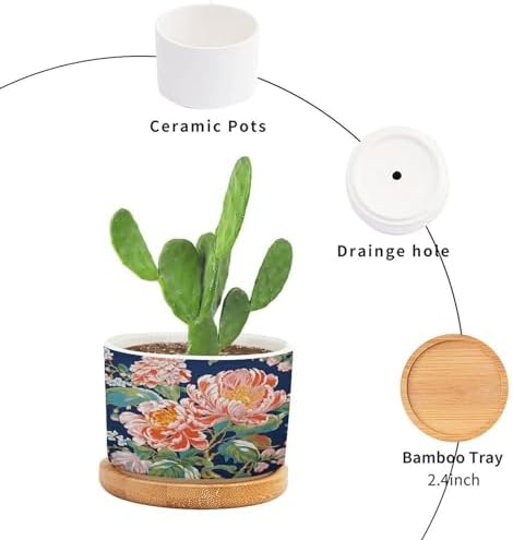 Bright and Chinoiserie Ceramic Planter Coral Peony Floral Flower Pots for Indoor Plants with Drainage Holes and Saucers Pot for Outdoor Garden Home Plant - Image 3