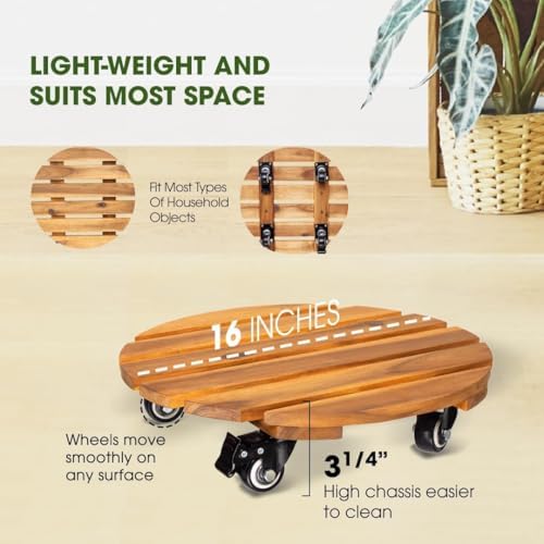 Idzo 16inches Capacity 500lbs Wood Plant Caddy With Wheels Heavy Duty, Acacia Hardwood Plant Dolly, Plant Stand with 360° Lockable Wheels for Plant Pots, Heavy Objects Hauling - Natural Wood - Image 2
