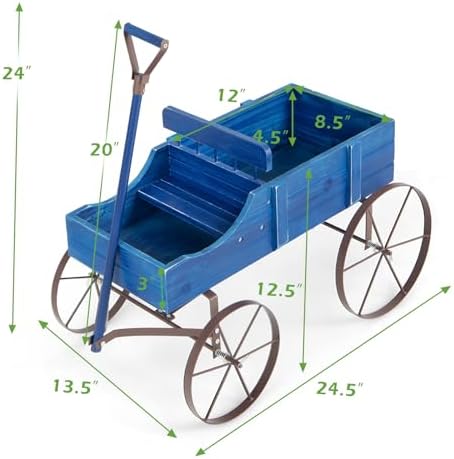 DORTALA Wood Wagon Planter, Outdoor Garden Flower Planter Cart with Wheels, Small Decorative Wood Raised Bed Plant Pot Box Stand for Backyard, Patio, Balcony, Blue - Image 2