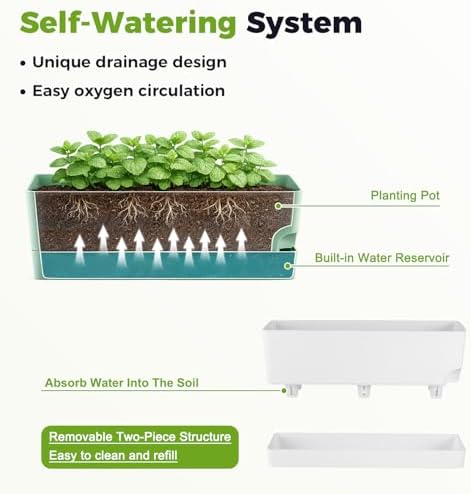 4 Pack Self Watering Pots for Indoor Plants 17 Inches Window Boxes Planters Rectangular Flower Pots Rectangle Herb Pots Large Plant Pots with Drainage Holes and Saucers Windowsill Planter, White - Image 5
