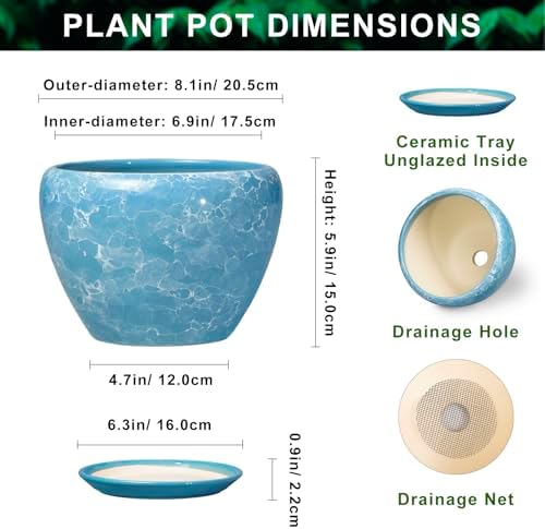 hirtypot 8 Inch Pots for Plants, Ceramic Planters Indoor, Bubble Blue - Image 2